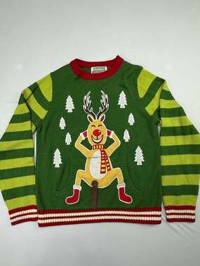 Festified Men's Large Ugly Christmas Sweater Reindeer with Scarf Green Stripes